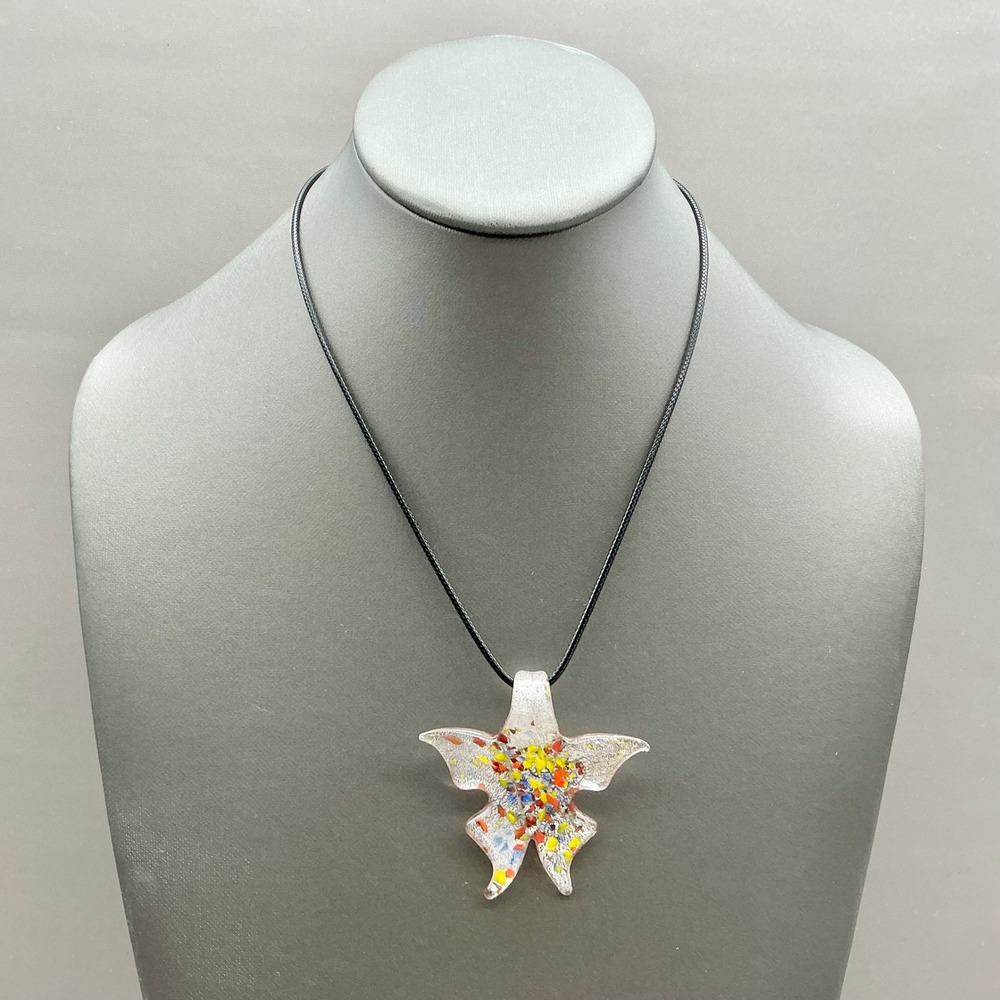 Art Glass Starfish Pendant Necklace Women Multicolor Confetti Silver Foil Flake